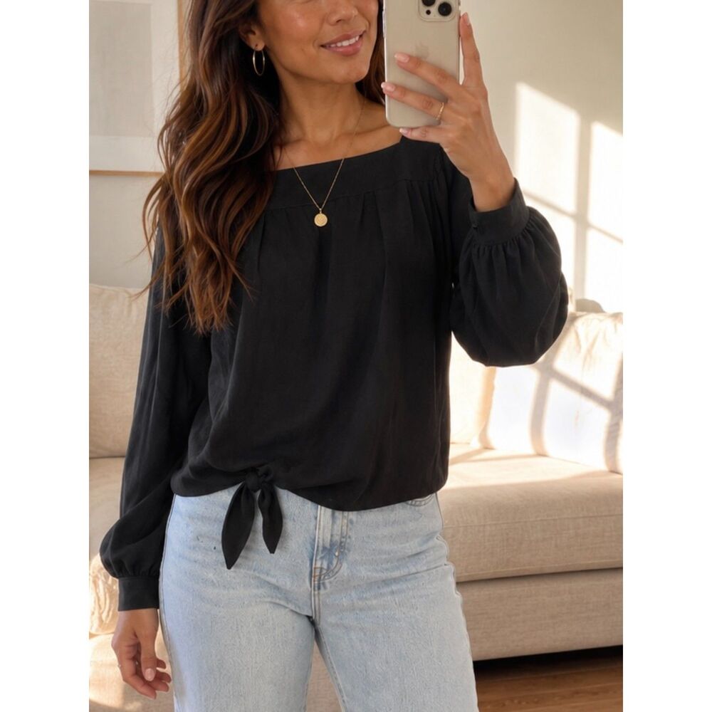 Isabel Marant Étoile Black 100% Cupro Side Tie Balloon Sleeve Blouse Size 34